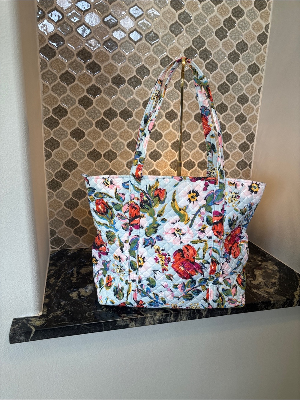 Vera Bradley Quilted Floral Tote - White with Red & Green Accents